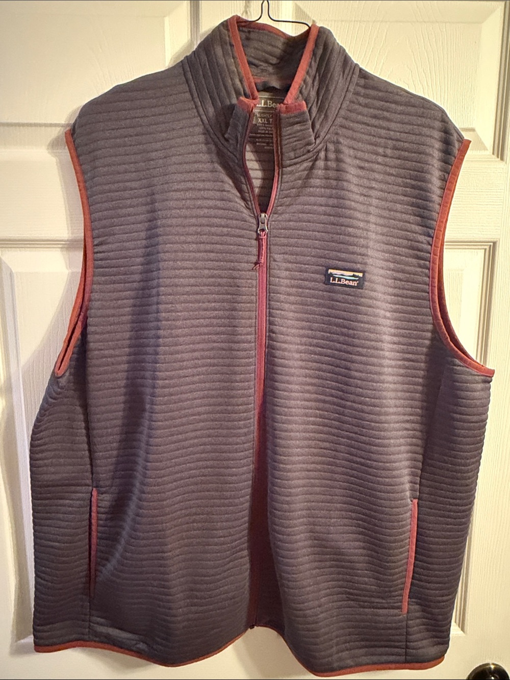 L.L. Bean Men's Gray Ribbed Fleece Vest with Rust Trim